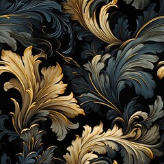 Acanthus leaves seamless foliage pattern, medieval vintage style, painted baroque botanical leaves - obrazy, fototapety, plakaty