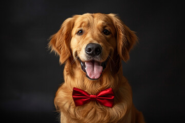 A handsome golden retriever wearing a red bow tie and smiling with its tongue out.