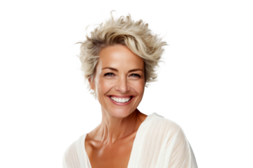 Studio portrait of a beautiful old mature Caucasian Americana woman in casual look with an attractive smile, isolated on transparent png background