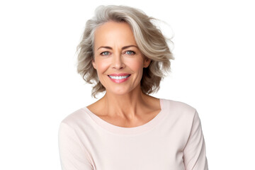 Studio portrait of a beautiful old mature Caucasian Americana woman in casual look with an attractive smile, isolated on transparent png background