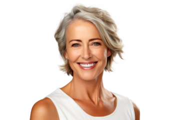 Studio portrait of a beautiful old mature Caucasian Americana woman in casual look with an attractive smile, isolated on transparent png background