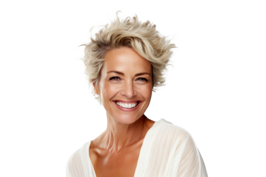 Studio portrait of a beautiful old mature Caucasian Americana woman in casual look with an attractive smile, isolated on transparent png background