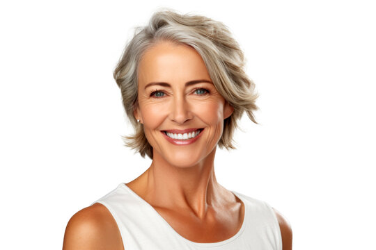 Studio portrait of a beautiful old mature Caucasian Americana woman in casual look with an attractive smile, isolated on transparent png background