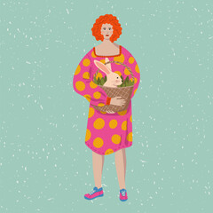Woman with Easter rabbit vector illustration. Young redhead female character in colorful bold pink dress holding basket with cute bunny. Happy Easter modern spring design on textured background