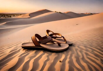 A pair of sandals left behind on a dune, surrounded by the warm hues of a desert evening - obrazy, fototapety, plakaty
