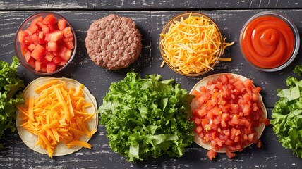 ingredients, including smashed burger patties, fresh lettuce, diced tomatoes, and shredded cheese, ready to assemble into Smash Burger Tacos - obrazy, fototapety, plakaty