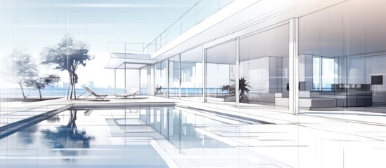 The drawing depicts a modern villa on the sea with a swimming pool and window. The interior architecture is white and abstract.
