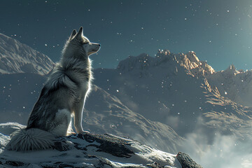 A loyal husky with a black and white coat and piercing blue eyes sitting on a snowy mountain.