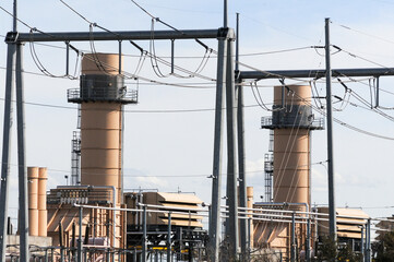 Close-up view of high-tech gas turbine generators at power plant in Tempe, Arizona