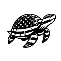 A vector design of a black and white Turtle an American flag, suitable for lasser cut projects. The design is simple, elegant, and patriotic, Generative Ai