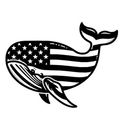 A vector design of a black and white Whale an American flag, suitable for lasser cut projects. The design is simple, elegant, and patriotic, Generative Ai