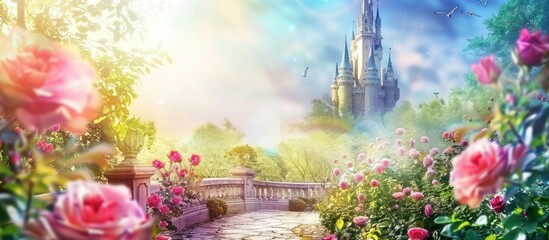 wonderland with roses and an old castle - obrazy, fototapety, plakaty