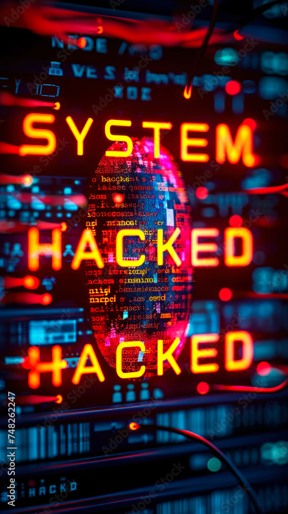 Poster alarming system hacked alert flashing on a server data panel, illustrating a cyber security breach w
