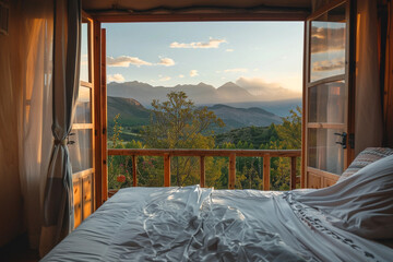 Open eco-lodge hotel room with mountain view at sundown