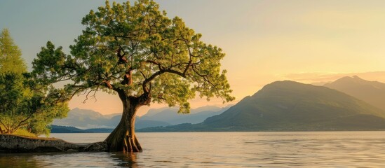 tree in golden light by the lake, with the calm water and distant mountains