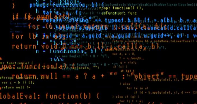 Abstract computer code running in a virtual space, glitch zoom in. Programming scripts with typing lines on black sreen background