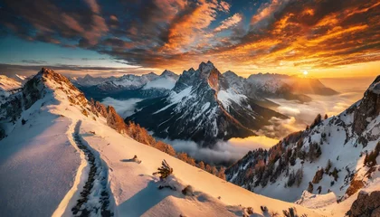 Crédence de cuisine en verre imprimé Alpes Cinematic Winter Sunset: Wide Top View of Cloudy Evening Over Alps Mountains