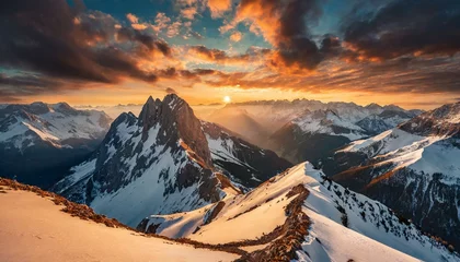 Fotobehang Cinematic Winter Sunset: Wide Top View of Cloudy Evening Over Alps Mountains © Only 4K Ultra HD