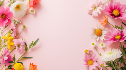Assorted flowers arranged on a pink background.