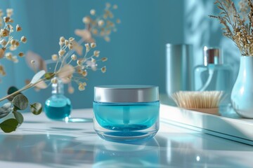 Facial jar skin care cream. Skincare treatment products: radiance lotion, skincare age defiance gel, oil, pipette with water based cleanser serum and toxic oil syndrome jar pot