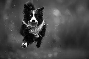 A playful black and white border collie jumping in the air with a frisbee in its mouth.