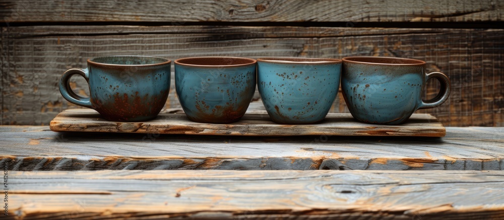 Poster four cups are neatly arranged on a wooden tray. the cups are varied in size and designs, creating an