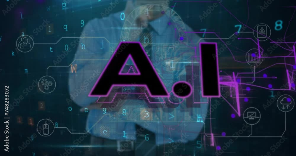 Poster animation of cloud text over data processing and connections over caucasian businessman