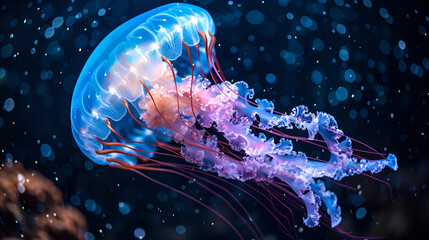 Iridescent jellyfish floating in a mystical blue sea, tentacles trailing like silk threads.
