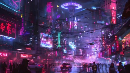 Cyberpunk City Night Scene with Vibrant Neon Lights