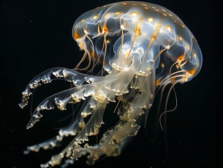 Luminous jellyfish with golden highlights, tentacles trailing in the dark water.