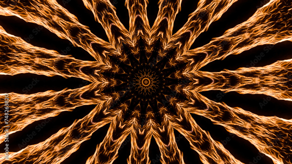 Poster kaleidoscopic pattern looking like sun with spreading rays. animation. symmetrical pattern with ener