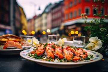 Outdoor dining salmon dish on plate in the city