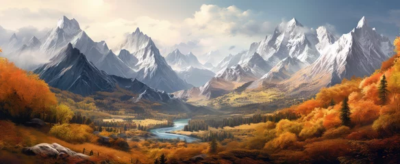 Wandaufkleber Autumn landscape with mountains and lake. Autumn panoramic scene with beautiful nature and colors © Shaman4ik