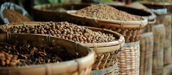 woven baskets overflowing with a variety of nuts