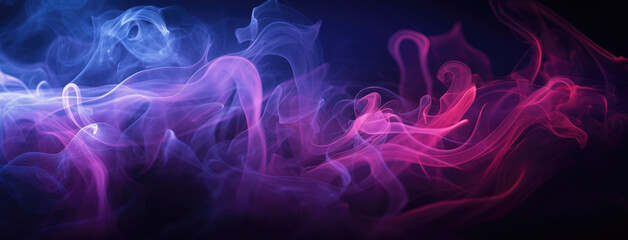 Neon smoke on room floor.  Neon fairytale smoke moves on black background. Panoramic view of the abstract fog. Swirling cloudiness, mystery mist or smog rolling low across the ground.