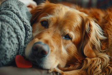 Affectionate Golden Retriever with a heart-shaped tag, capturing the bond between pet and owner, shot with a Pentax lens for timeless warmth.