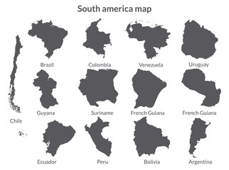 South America country Map. Map of South America in set grey color
