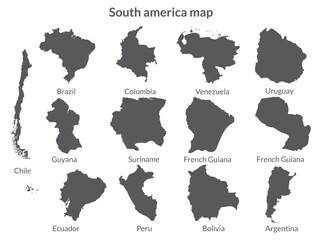 South America country Map. Map of South America in set grey color