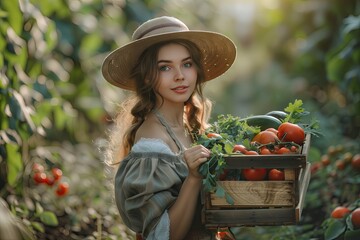 View of an Young attractive woman harvesting vegetable in a greenhouse - 748265025