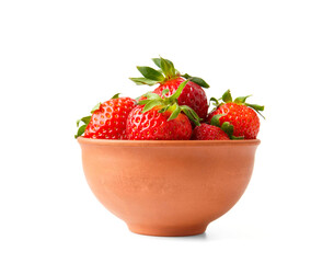 Large berries of organic strawberries in a clay ceramic bowl isolated on a white background.