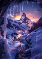Majestic Twilight Peaks Viewed From a Frosty Icicle-Framed Cave. AI.