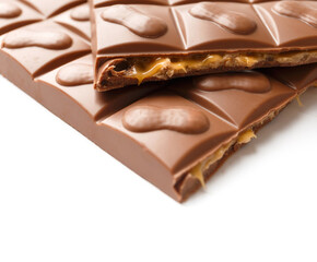 Broken chocolate filled with caramel and peanuts, isolated on a white background. Pastry shop concept. The filling flows out of the chocolate broken in half.