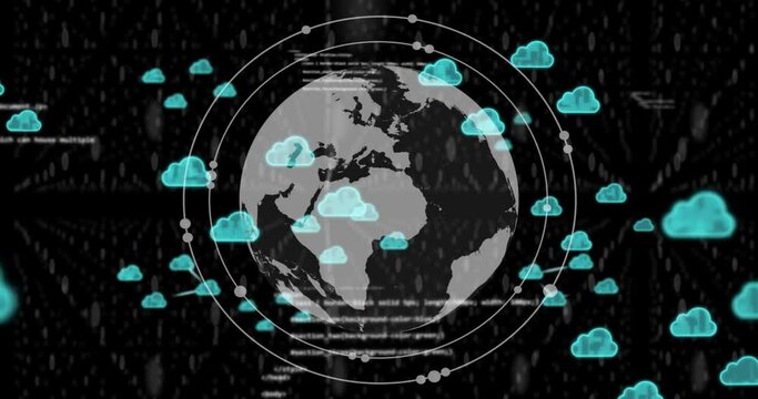 Animation of globe and processing data with blue cloud icons on black background