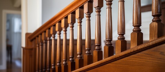 A detailed view of a wooden banister next to a door in a home, showcasing the texture and craftsmanship of the handrail.