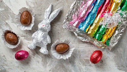 Ovo de páscoa de chocolate ( chocolate easter eggs ). Visão de cima de grupo de ovos de chocolate sobre textura grunge cinza.  Um coelho na composição.