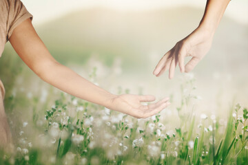 two hands meet to touch each other in a meadow, abstract concept - 748265497