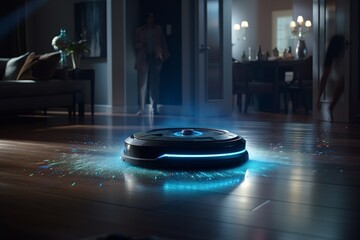 Wireless vacuum robot cleaning living room with hud controls, smart home banner design