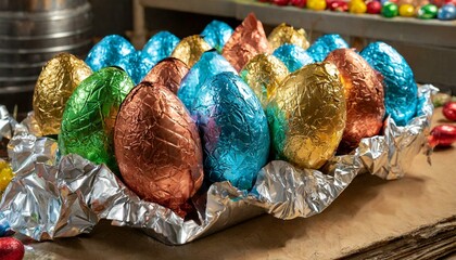 Ovo de páscoa de chocolate ( chocolate easter eggs ). Grupo de ovos em papel alumínio colorido. Produção de ovos de chocolate para venda na páscoa. - obrazy, fototapety, plakaty