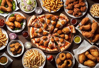 large table of assorted take out food such as pizza