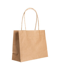 Kraft paper bag with handles, angle view. Brown pack, package isolated on white background